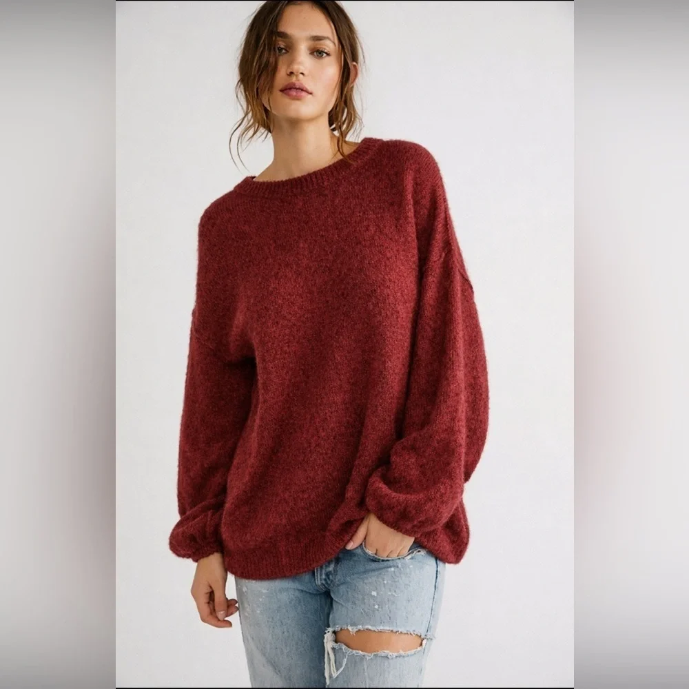 Free People Angelic Alpaca Sweater Womens Sz XS Red Burgundy Oversized Slouchy